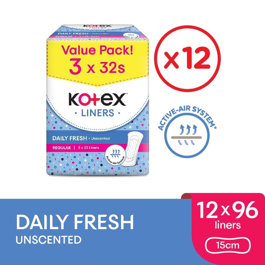 Regular Unscented Pantyliner 15cm (32sx3 Packs) x12 - Breathable, Comfortable & Rapid Absorption
