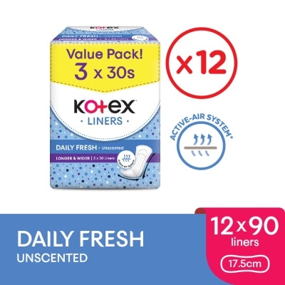 KOTEX Longer & Wider Unscented Pantyliner 17.5cm (30x3Packs) x12- Breathable, Comfortable & Absorbent