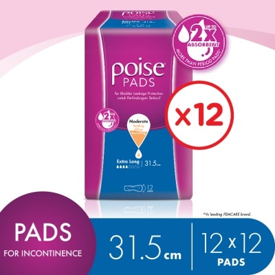POISE Pads Incontinence / Adult Diapers Extra Long Non Wing 31.5cm (12's x 12 packs)
