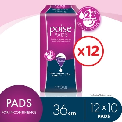 POISE "Pads Incontinence/ Adult Diapers Extra Long Plus Non Wing 36cm (10's x 12 packs)	"