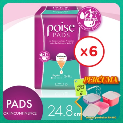 POISE - Pads Incontinence / Adult Diapers Regular Non-Wing 24.8cm (16's x 6 packs)