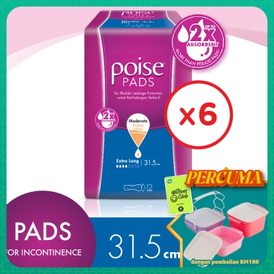 POISE - Pads Incontinence / Adult Diapers Extra Long Non Wing 31.5cm (12's x 6 packs)