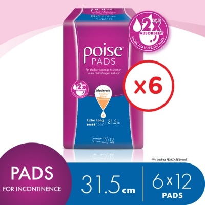 POISE Pads Incontinence / Adult Diapers Extra Long Non Wing 31.5cm (12's x 6 packs)