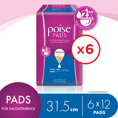 POISE Pads Incontinence / Adult Diapers Extra Long Non Wing 31.5cm (12's x 6 packs)