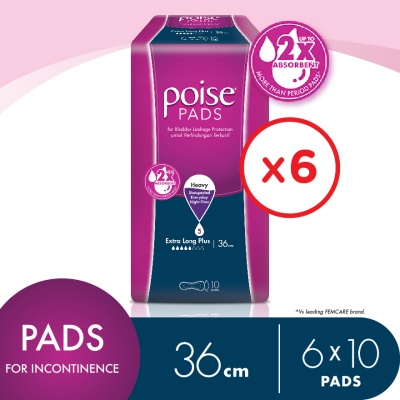 POISE - Pads Incontinence/ Adult Diapers Extra Long Plus Non Wing 36cm (10's x 6 packs)