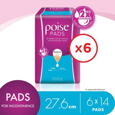 POISE - Pads Incontinence / Adult Diapers Long Non Wing 27.6cm (14's x 6 packs)
