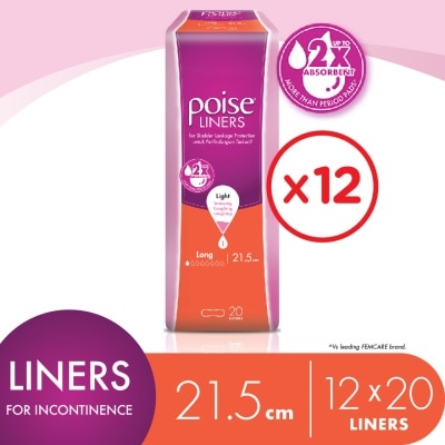 POISE Liners Incontinence / Adult Diapers Long 21.5cm (20's x 12 packs)