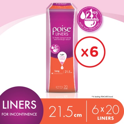 POISE - Liners Incontinence / Adult Diapers Long 21.5cm (20's x 6 packs)
