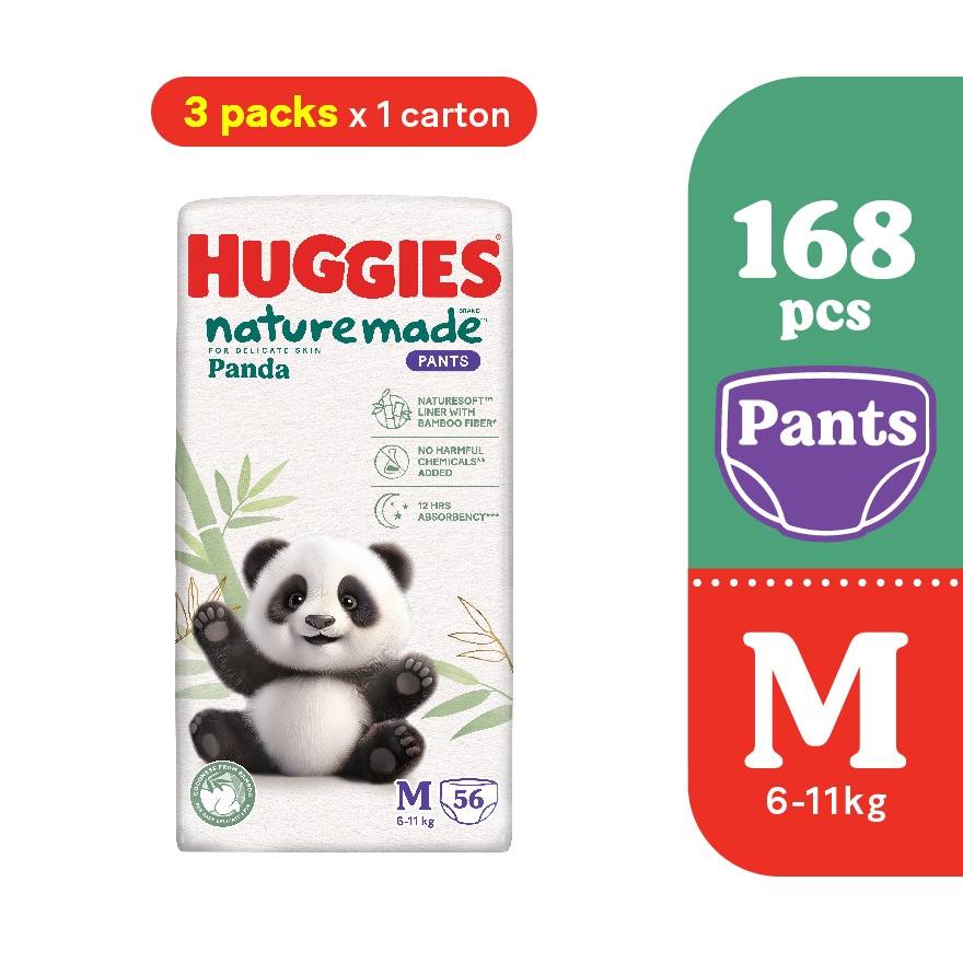 Naturemade Panda Pants Diapers M 56s (3 packs) - Super Premium Baby Diaper with Bamboo Fiber