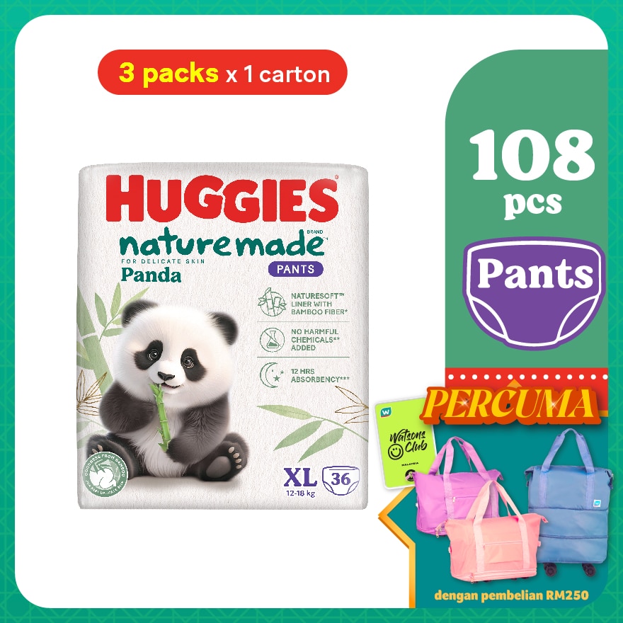 Naturemade Panda Pants Diapers XL 36s 3 packs - Super Premium Baby Diaper with Bamboo Fiber