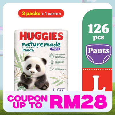 HUGGIES Naturemade Panda Pants Diapers L 42s (3 packs) - Super Premium Baby Diaper with Bamboo Fiber