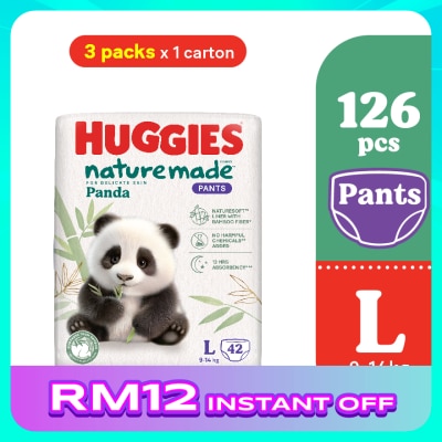 HUGGIES Naturemade Panda Pants Diapers L 42s (3 packs) - Super Premium Baby Diaper with Bamboo Fiber