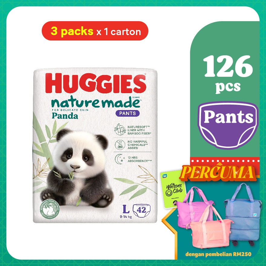 Naturemade Panda Pants Diapers L 42s (3 packs) - Super Premium Baby Diaper with Bamboo Fiber