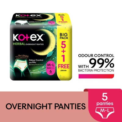 KOTEX - Overnight Panties Herbal M-L (5s) Period Panties with 360⁰ Anti-Leakage Protection Disposable