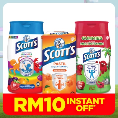 SCOTT'S Vitamin C Pastilles Orange 50s Kids & DHA Omega 3 Gummies Assorted & Multivitamin Gummies Apple 60s