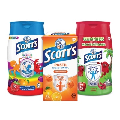 SCOTT'S Vitamin C Pastilles Orange 50s Kids & DHA Omega 3 Gummies Assorted & Multivitamin Gummies Apple 60s