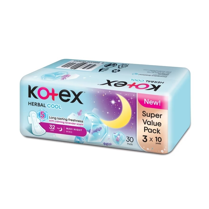 Herbal Cool Overnight Wing Pad 32cm (10s x 3 Packs) Sanitary Pad with Calming Lavender Scent