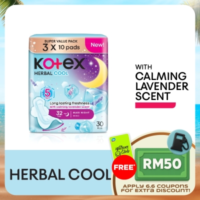KOTEX - Herbal Cool Overnight Wing Pad 32cm (10s x 3 Packs) Sanitary Pad with Calming Lavender Scent