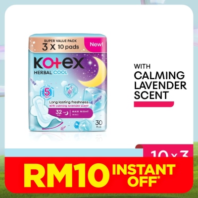 KOTEX Herbal Cool Overnight Wing Pad 32cm (10s x 3 Packs) Sanitary Pad with Calming Lavender Scent
