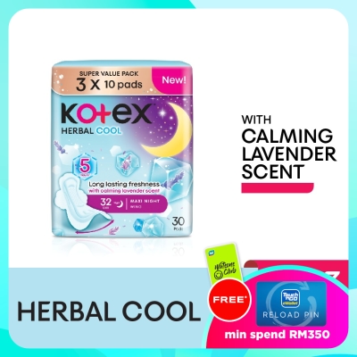 KOTEX Herbal Cool Overnight Wing Pad 32cm (10s x 3 Packs) Sanitary Pad with Calming Lavender Scent image