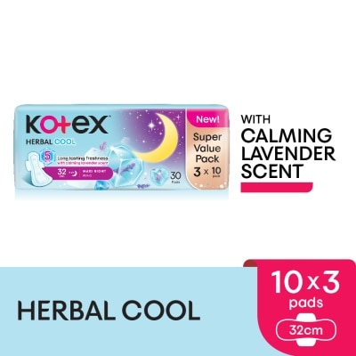KOTEX Herbal Cool Overnight Wing Pad 32cm (10s x 3 Packs) Sanitary Pad with Calming Lavender Scent