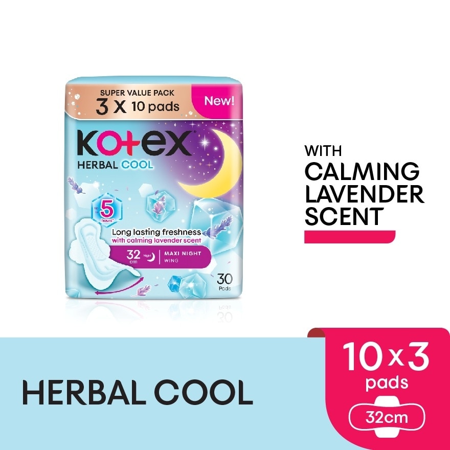 Herbal Cool Overnight Wing Pad 32cm (10s x 3 Packs) Sanitary Pad with Calming Lavender Scent