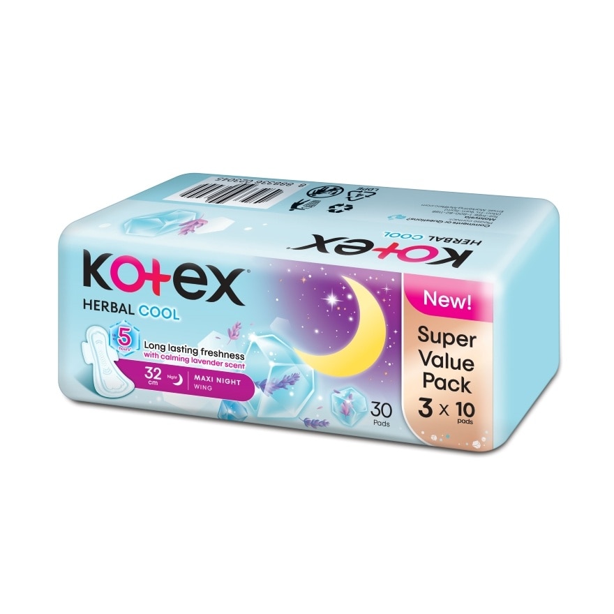 Herbal Cool Overnight Wing Pad 32cm (10s x 3 Packs) Sanitary Pad with Calming Lavender Scent