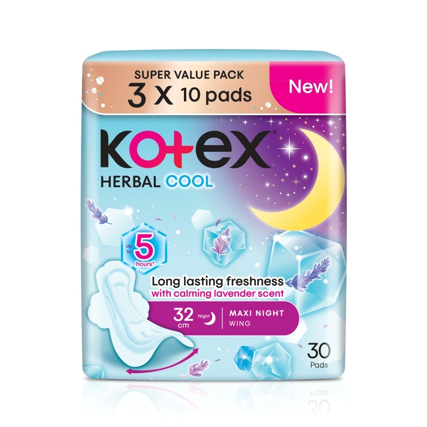 Herbal Cool Overnight Wing Pad 32cm (10s x 3 Packs) Sanitary Pad with Calming Lavender Scent image