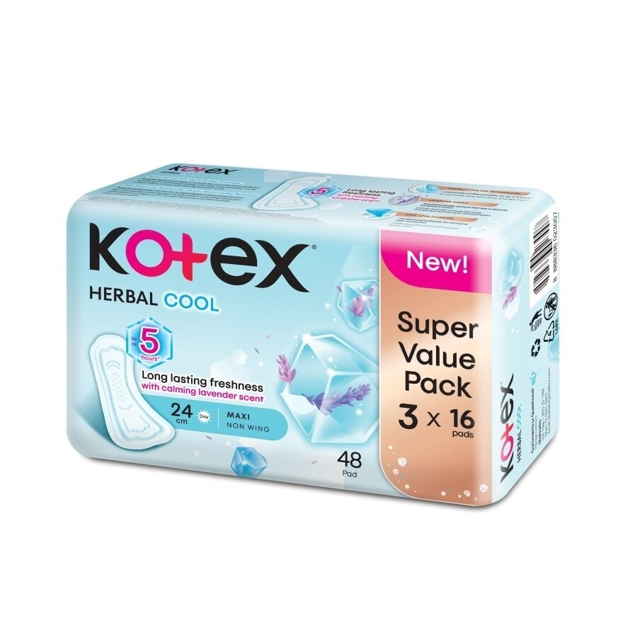 Herbal Cool Maxi Day Non Wing Pad 24cm (16s x 3 Packs) Sanitary Pad with Calming Lavender Scent