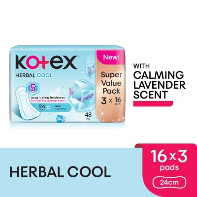 KOTEX Herbal Cool Maxi Day Non Wing Pad 24cm (16s x 3 Packs) Sanitary Pad with Calming Lavender Scent