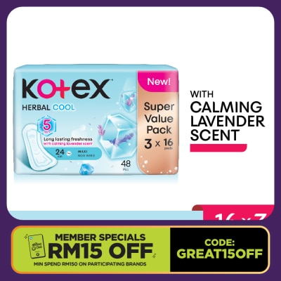 KOTEX Herbal Cool Maxi Day Non Wing Pad 24cm (16s x 3 Packs) Sanitary Pad with Calming Lavender Scent