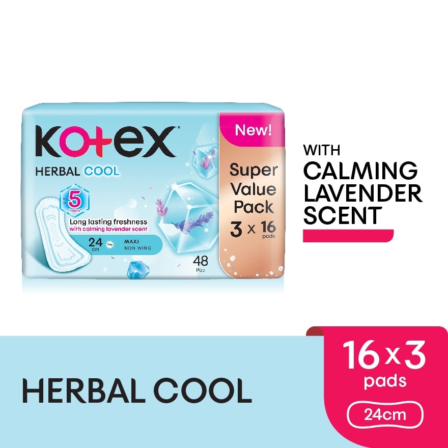 Herbal Cool Maxi Day Non Wing Pad 24cm (16s x 3 Packs) Sanitary Pad with Calming Lavender Scent