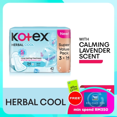 KOTEX Herbal Cool Maxi Day Wing Pad 24cm (14s x 3 Packs) Sanitary Pad with Calming Lavender Scent image