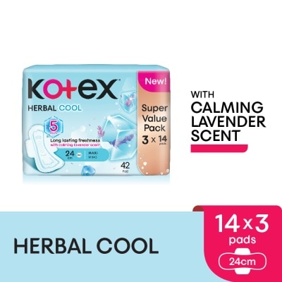 KOTEX Herbal Cool Maxi Day Wing Pad 24cm (14s x 3 Packs) Sanitary Pad with Calming Lavender Scent