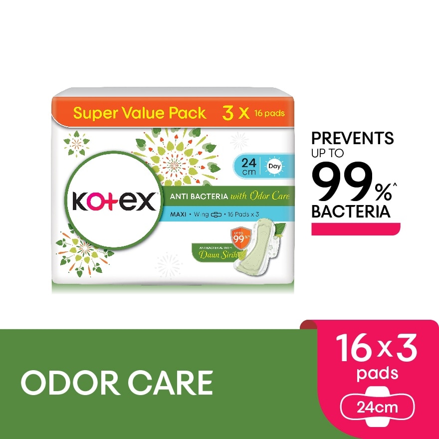 Anti-Bacteria Maxi Day Wing Pad 24cm (16s x 3 Packs) Sanitary Pad With Odor Care