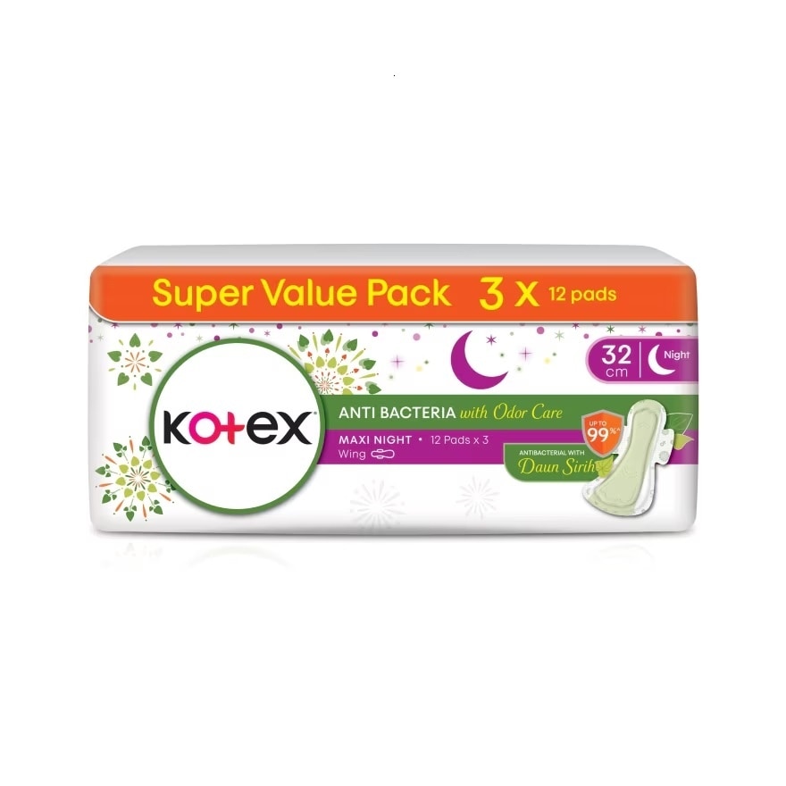 Anti-Bacteria Overnight Wing Pad 32cm (12s x 3 Packs) Sanitary Pad With Odor Care