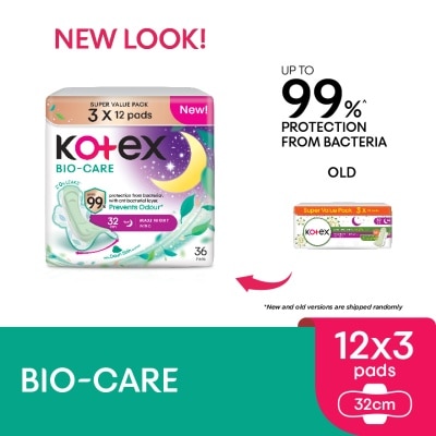 KOTEX Biocare Anti-Bacteria Overnight Wing Pad 32cm (12s x 3 Packs) Sanitary Pad With Odor Care