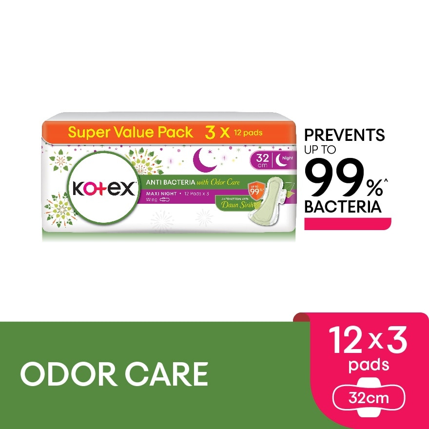 Anti-Bacteria Overnight Wing Pad 32cm (12s x 3 Packs) Sanitary Pad With Odor Care