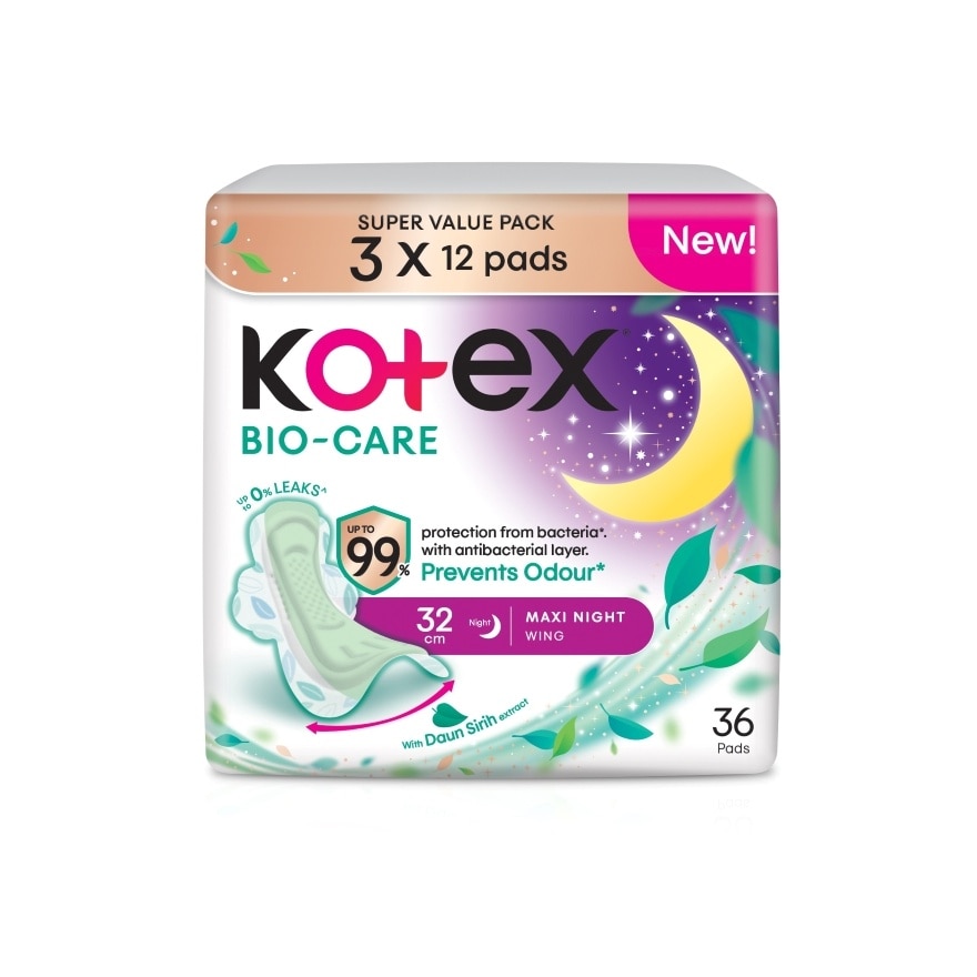 Biocare Anti-Bacteria Overnight Wing Pad 32cm (12s x 3 Packs) Sanitary Pad With Odor Care