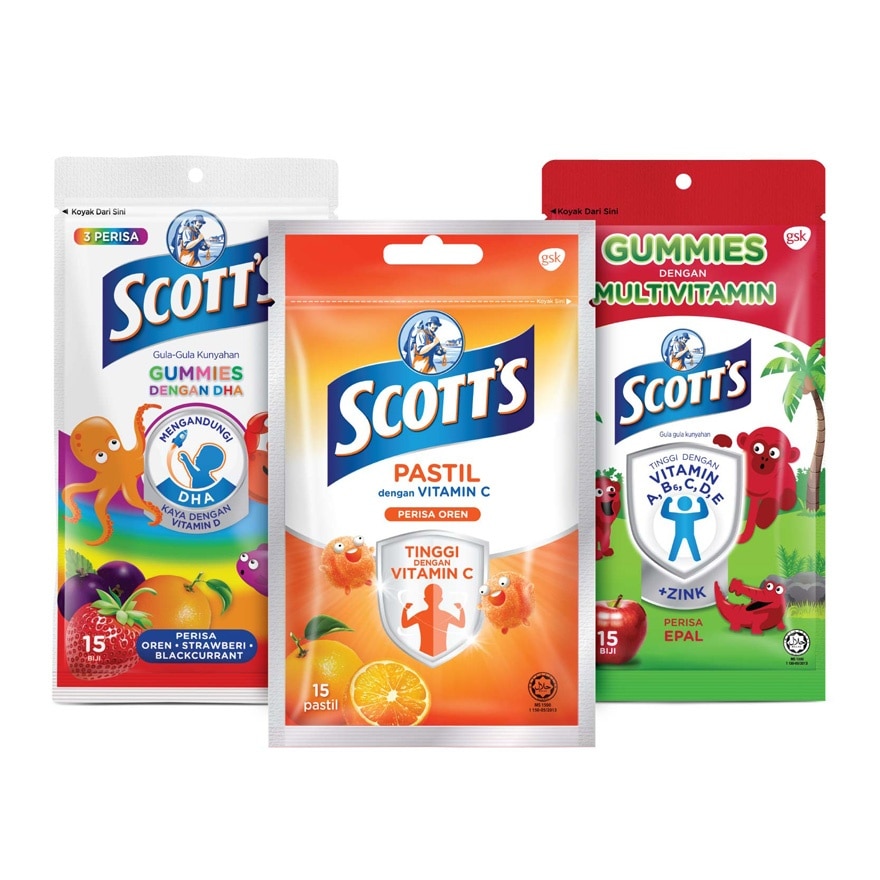 DHA Omega 3 Gummies Assorted & Vitamin C Pastilles Orange Kids & Multivitamin Gummies Apple 15s