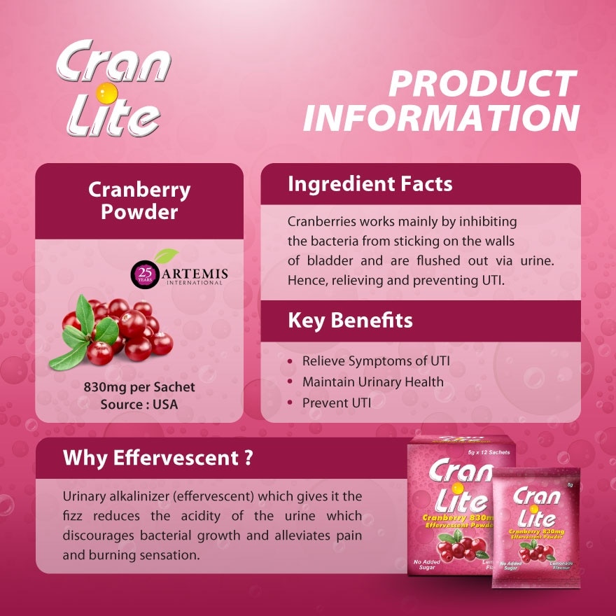 Cranberry 830mg Effervescent Powder (Lemonade Flavour) 5g 12s