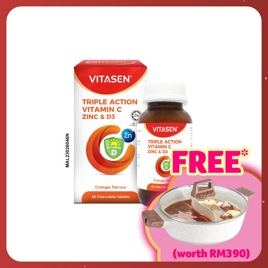 Triple Action Vitamin C Zinc & D3 Chewable Tablet (Orange Flavour) 60s