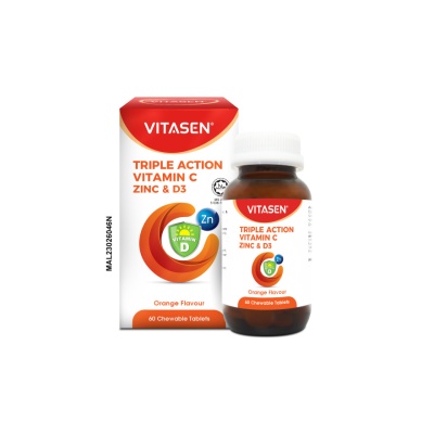 VITASEN - Triple Action Vitamin C Zinc & D3 Chewable Tablet (Orange Flavour) 60s