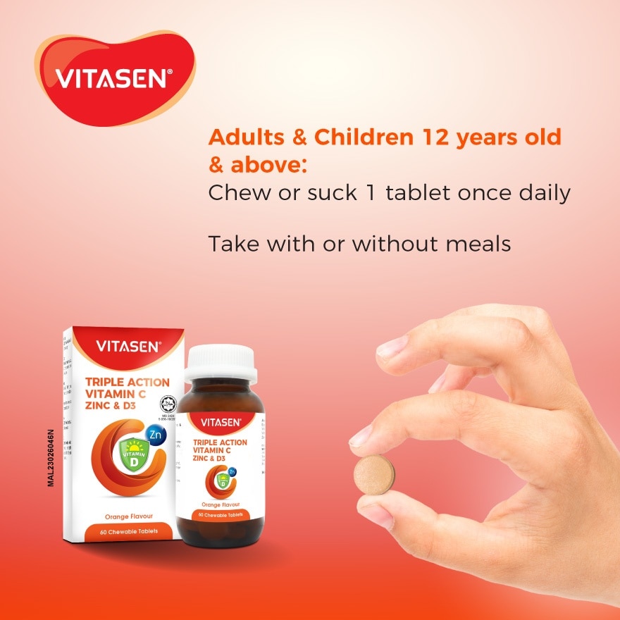 Triple Action Vitamin C Zinc & D3 Chewable Tablet (Orange Flavour) 60s