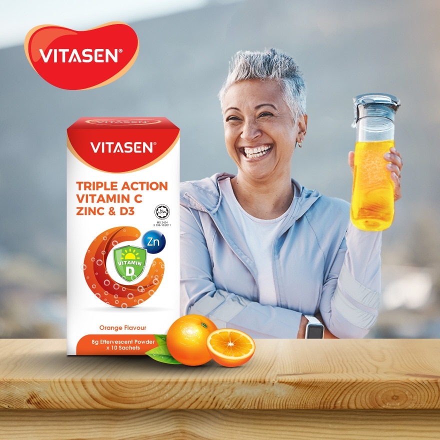 Triple Action Vitamin C Zinc & D3 Effervescent Powder (Orange Flavour) 8gx10s
