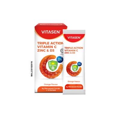 VITASEN Triple Action Vitamin C Zinc & D3 Effervescent Powder (Orange Flavour) 8gx10s