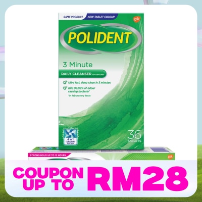 POLIDENT Denture Adhesive Flavour Free Cream 60G & Daily Cleanser 3 Minutes 36s Bundle Set