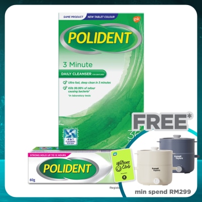 POLIDENT Denture Adhesive Flavour Free Cream 60G & Daily Cleanser 3 Minutes 36s Bundle Set