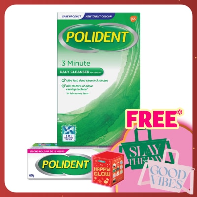 POLIDENT Denture Adhesive Flavour Free Cream 60G & Daily Cleanser 3 Minutes 36s Bundle Set