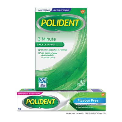 POLIDENT - Denture Adhesive Flavour Free Cream 60G & Daily Cleanser 3 Minutes 36s Bundle Set